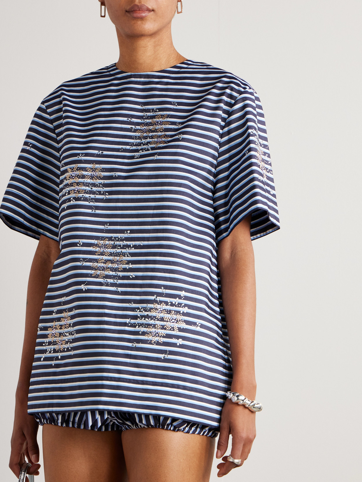 RABANNE OPEN-BACK EMBELLISHED STRIPED COTTON-JERSEY T-SHIRT