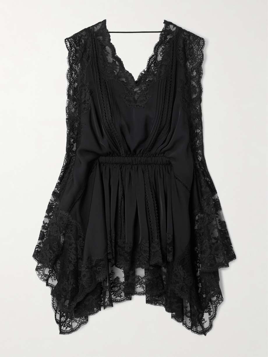 asymmetric lace-trimmed satin mini dress