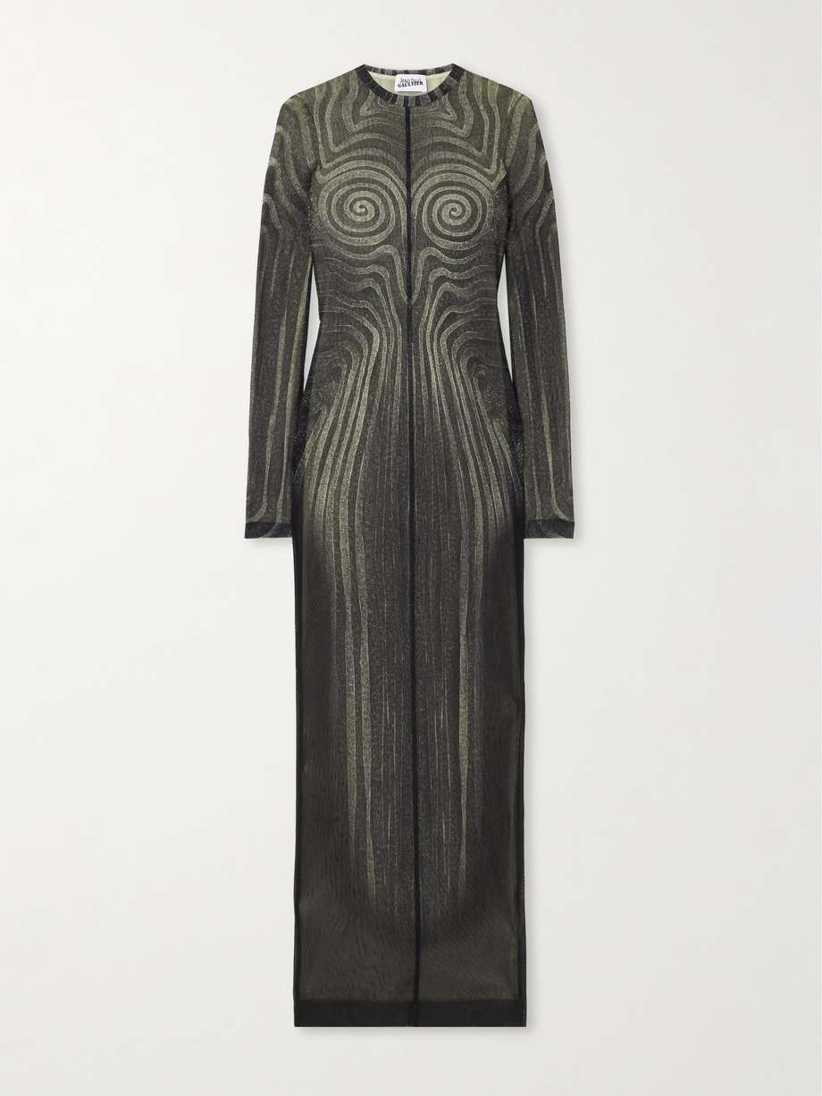 trompe l'oeil printed mesh maxi dress