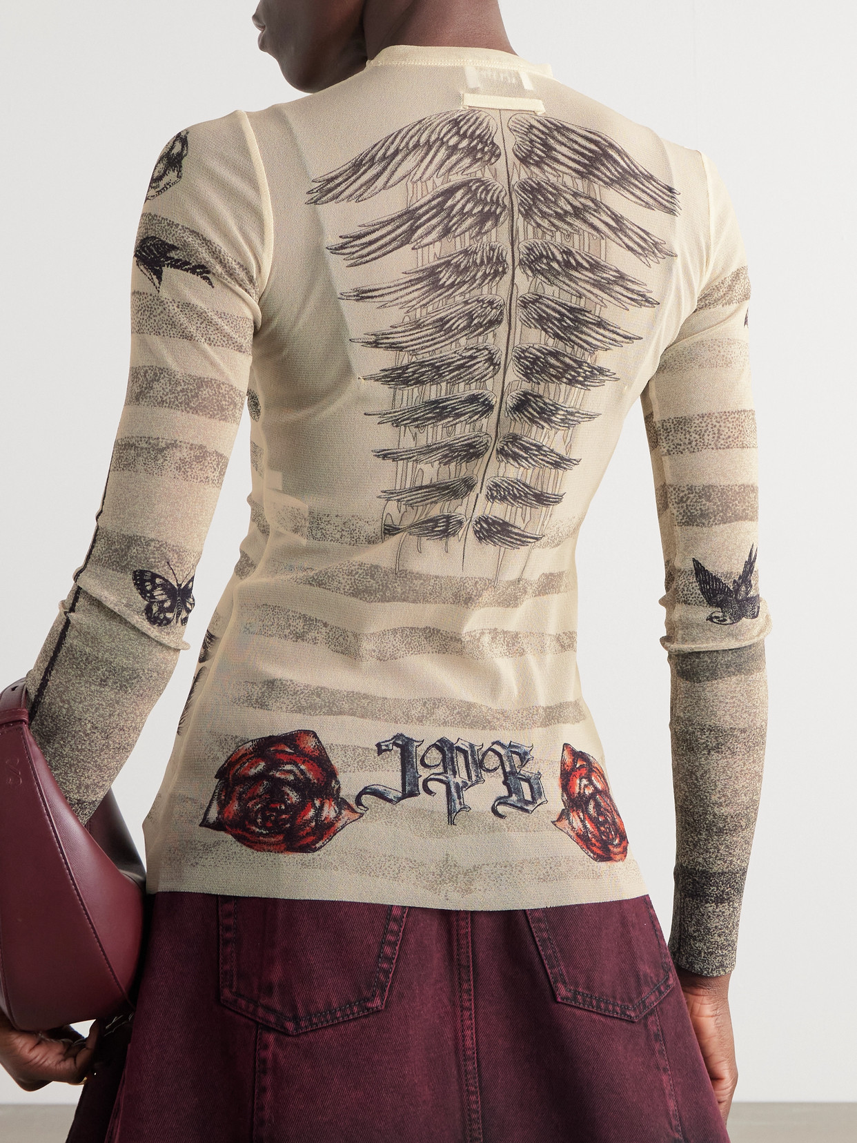 Jean Paul Gaultier Trompe L'oeil Printed Stretch-mesh Top In Ecru