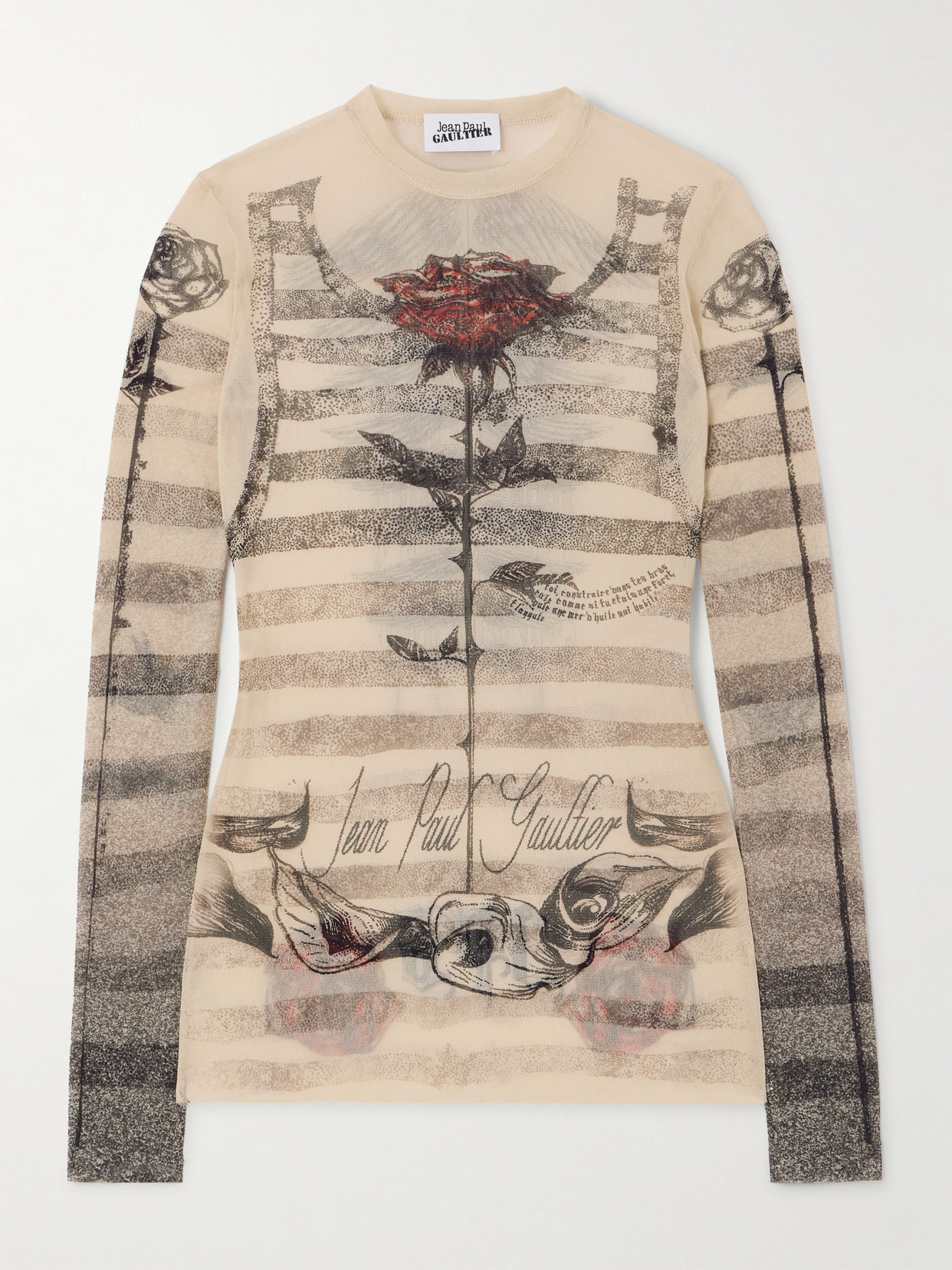 Jean Paul Gaultier Trompe L'oeil Printed Stretch-mesh Top In Ecru