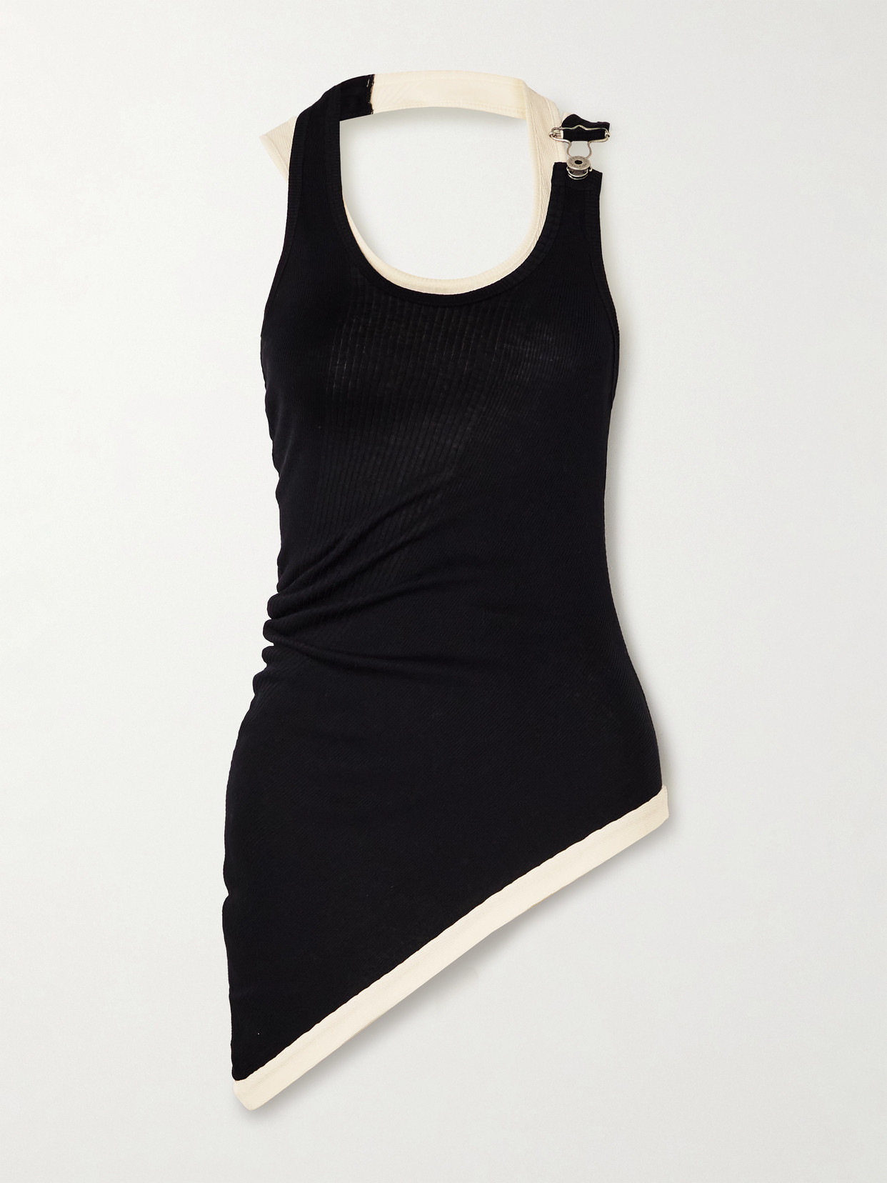 Jean Paul Gaultier Asymmetric Layered Buckled Ribbed Cotton-jersey Tank In Black