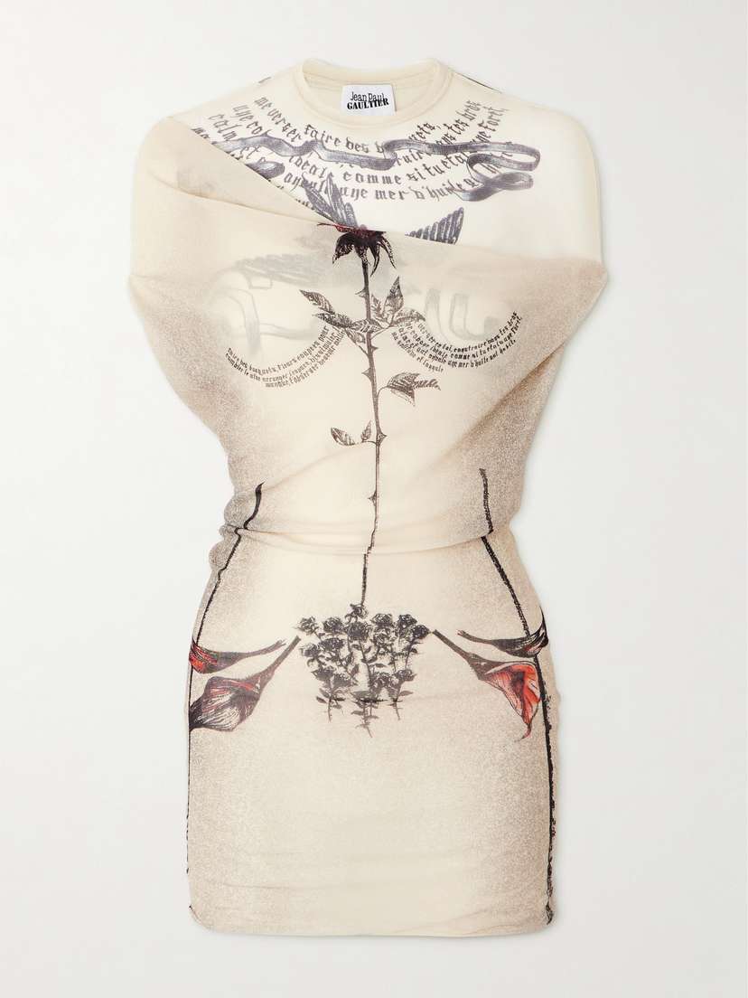 Jean Paul Gaultier Tattoo Rose & Bird Printed Mesh Halterneck Mini Dress