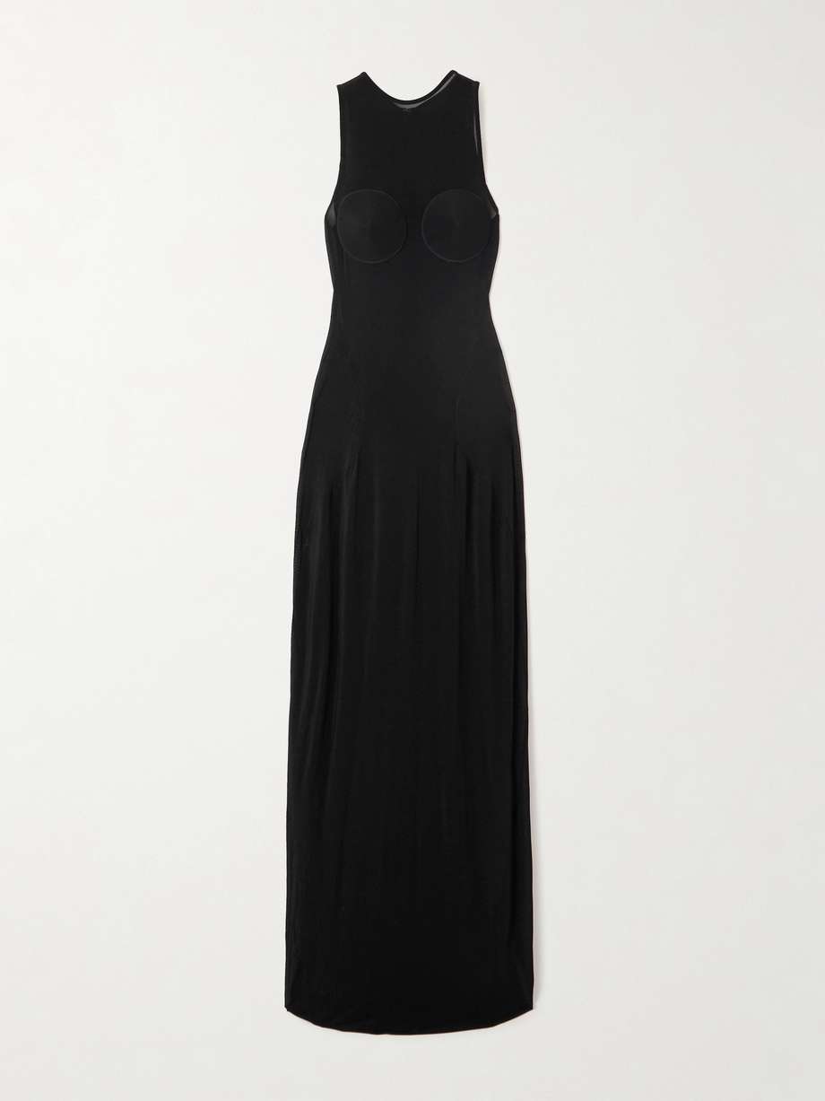 paneled tulle maxi dress