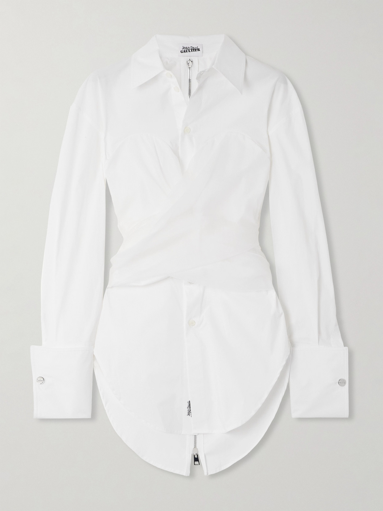Shop Jean Paul Gaultier Draped Silk Organza-trimmed Cotton-blend Poplin Shirt In White