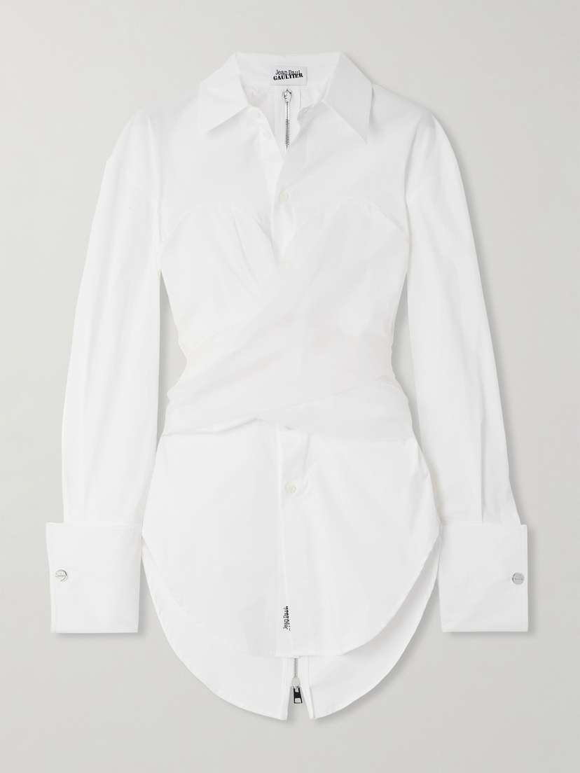 Jean Paul Gaultier Draped Silk Organza-trimmed Cotton-blend Poplin Shirt