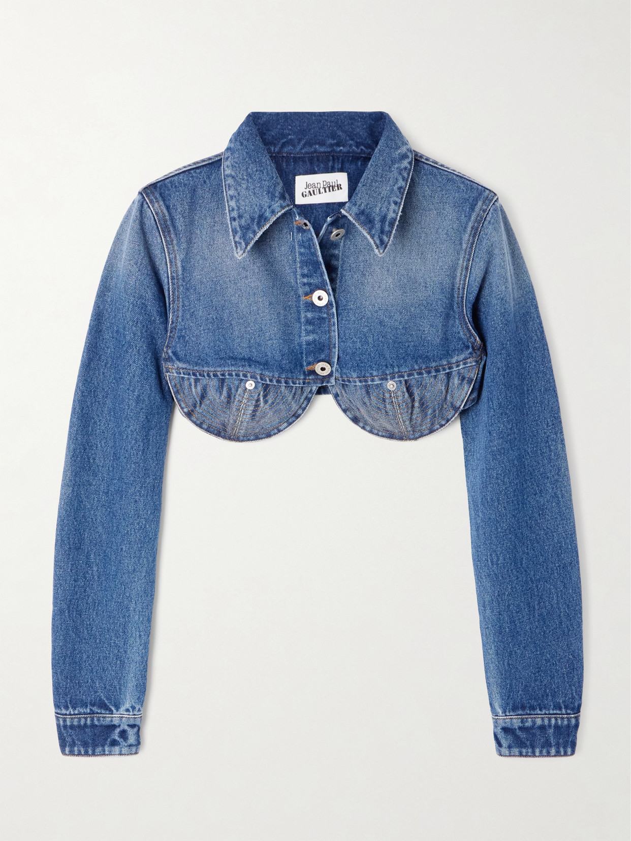 Jean Paul Gaultier Denim Cropped Jacket With Topstitching Details On Cups In Blue