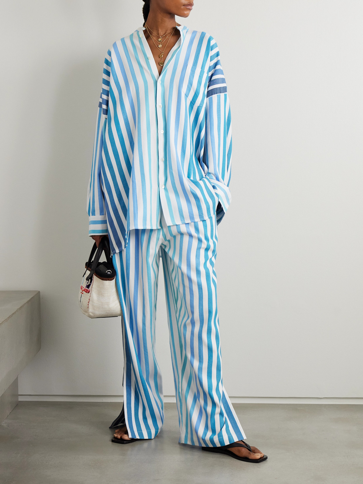 Marrakshi Life Oversized Striped Cotton-blend Shirt In Blue