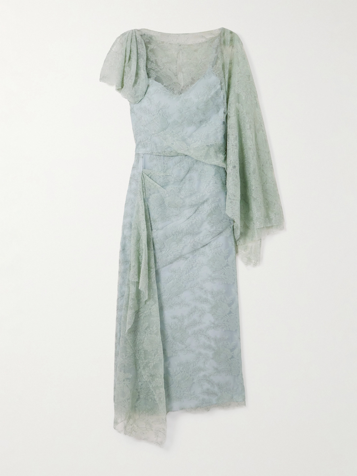 Erdem Asymmetric Draped Crepon-trimmed Embroidered Tulle Midi Dress In Green
