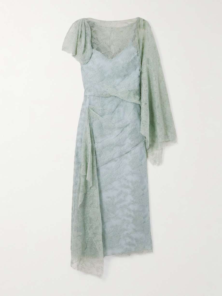 asymmetric draped crepon-trimmed embroidered tulle midi dress