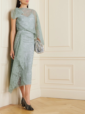 Erdem Asymmetric draped crepon-trimmed embroidered tulle midi dress