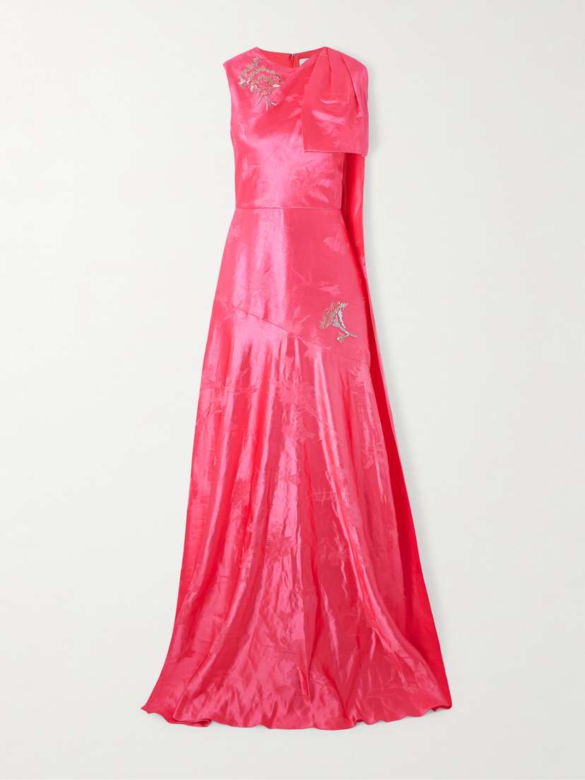 Erdem Asymmetric Bow-detailed Draped Linen-blend Jacquard Gown