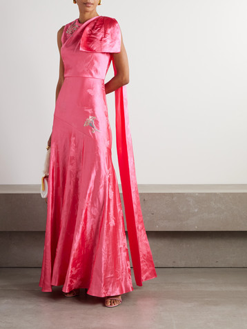Erdem Asymmetric bow-detailed draped linen-blend jacquard gown