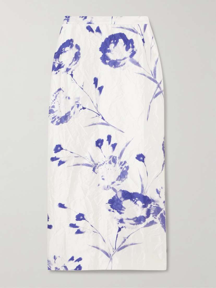 Erdem Crinkled Printed Satin-twill Midi Skirt