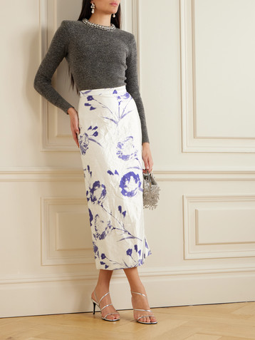 Erdem Crinkled printed satin-twill midi skirt