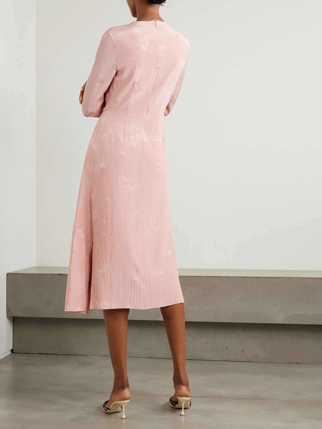 ERDEM EMBELLISHED DRAPED CRINKLED-SILK AND COTTON-BLEND JACQUARD MIDI DRESS 