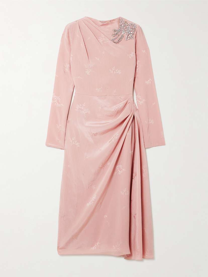 Erdem Embellished Draped Crinkled-silk And Cotton-blend Jacquard Midi Dress