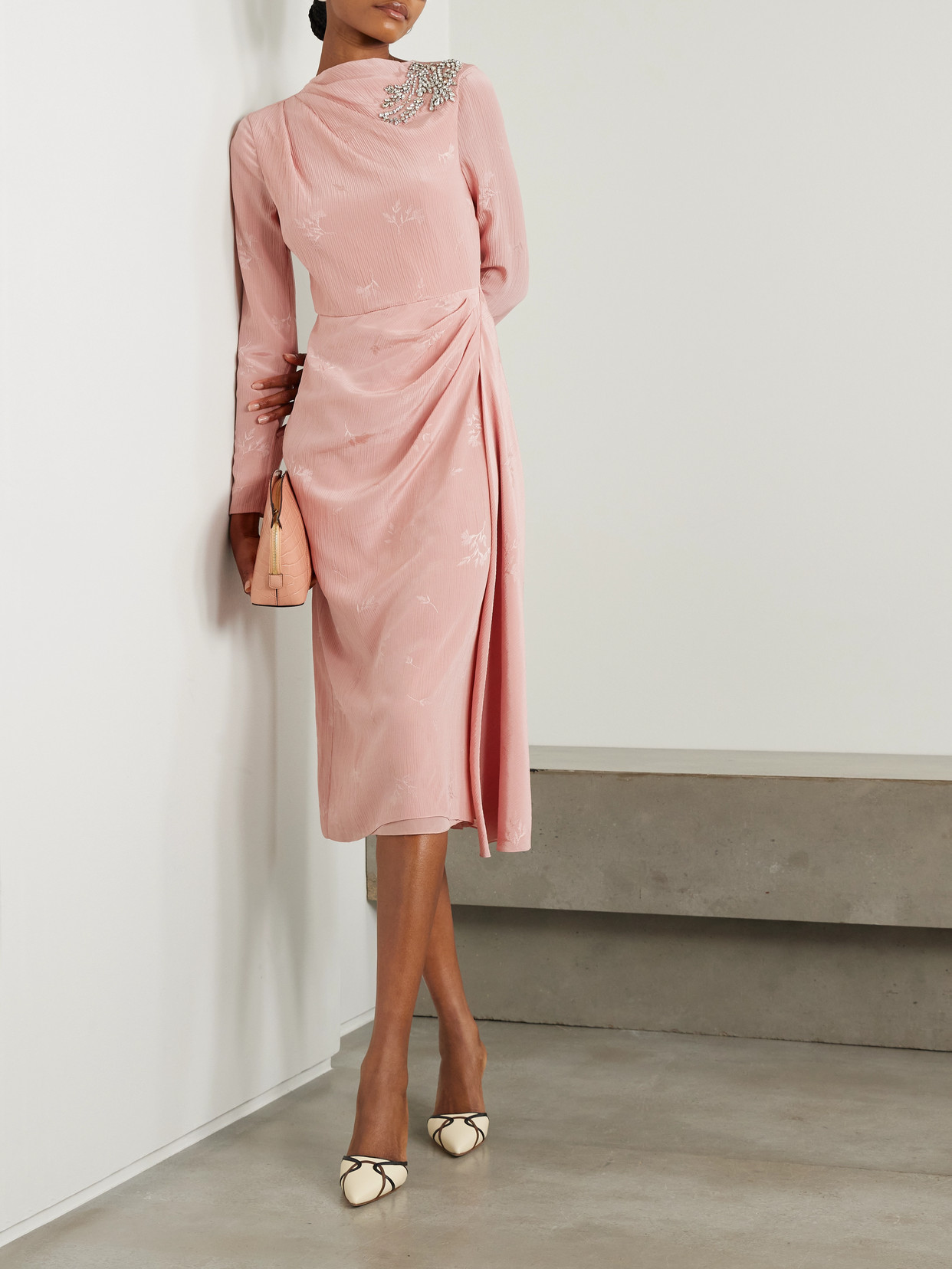ERDEM EMBELLISHED DRAPED CRINKLED-SILK AND COTTON-BLEND JACQUARD MIDI DRESS 