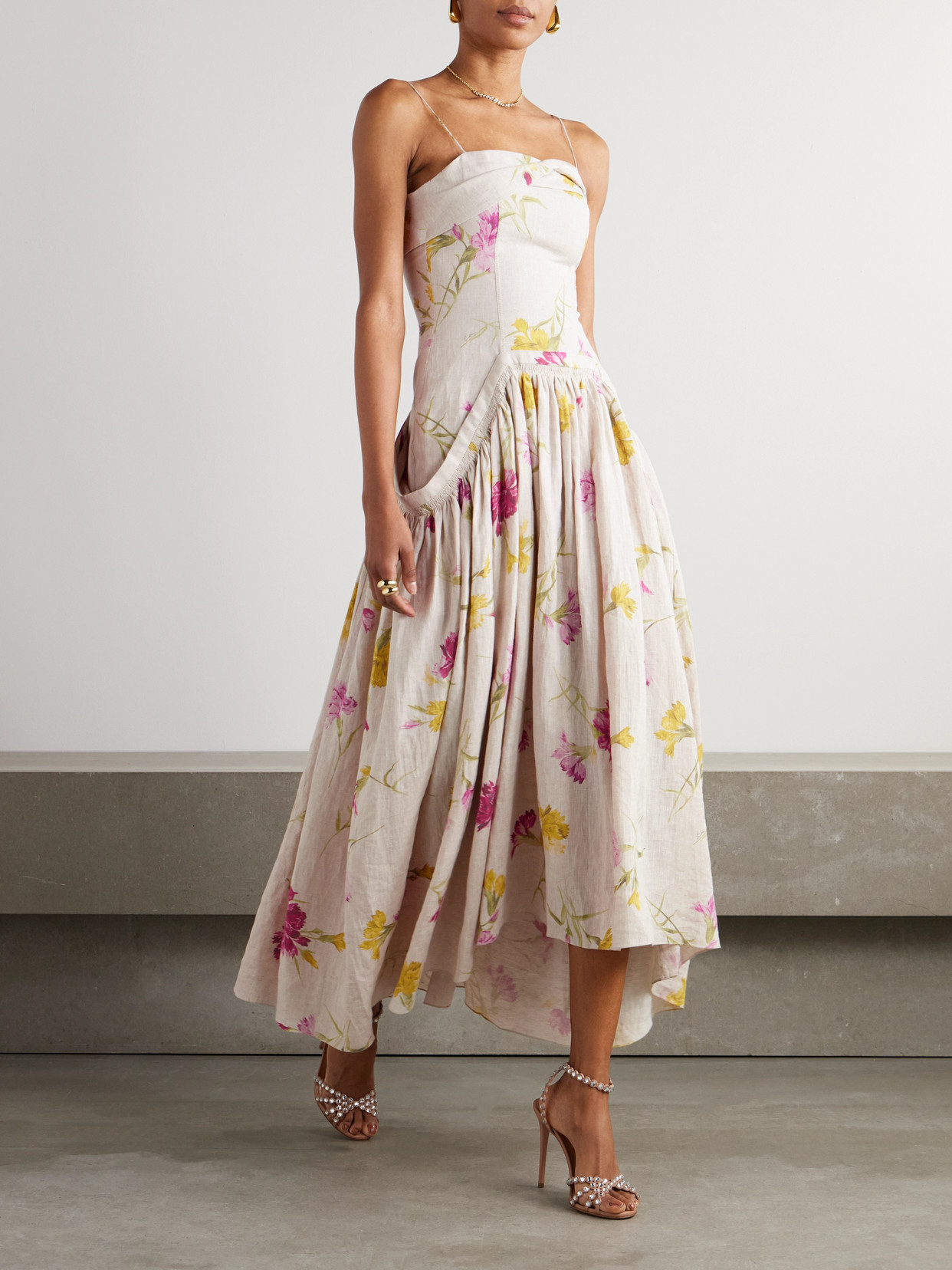 Erdem Womens Floral-print Oversized-pockets Linen Midi Dress Dancing Carnation In Ecru