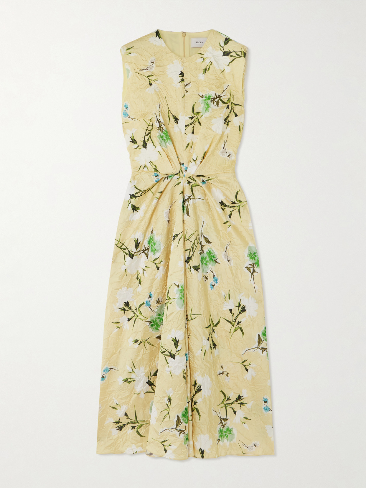 Erdem Gathered Floral-print Crinkled-satin Midi Dress In Yellow