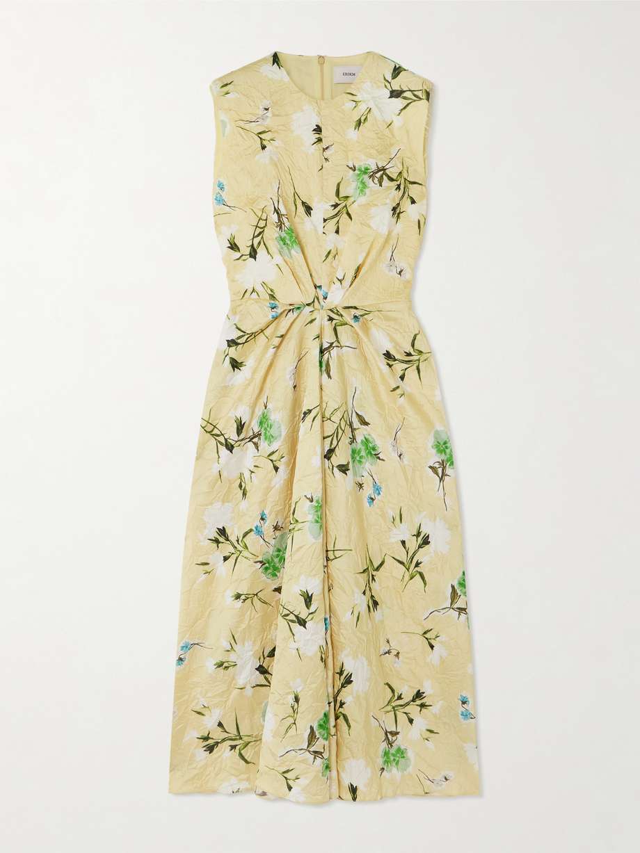 gathered floral-print crinkled-satin midi dress