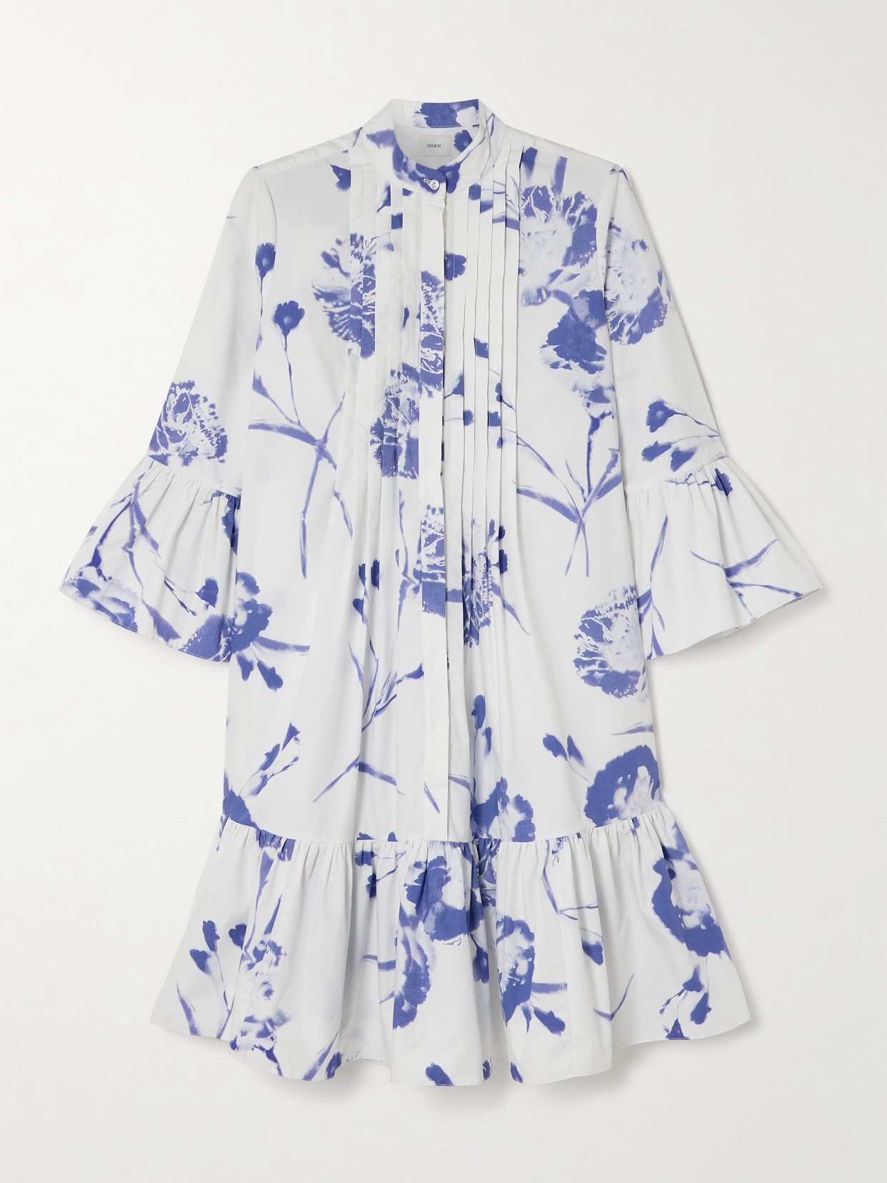 Erdem - Tiered Pintucked Floral-print Organic Cotton-poplin Mini Shirt Dress - White