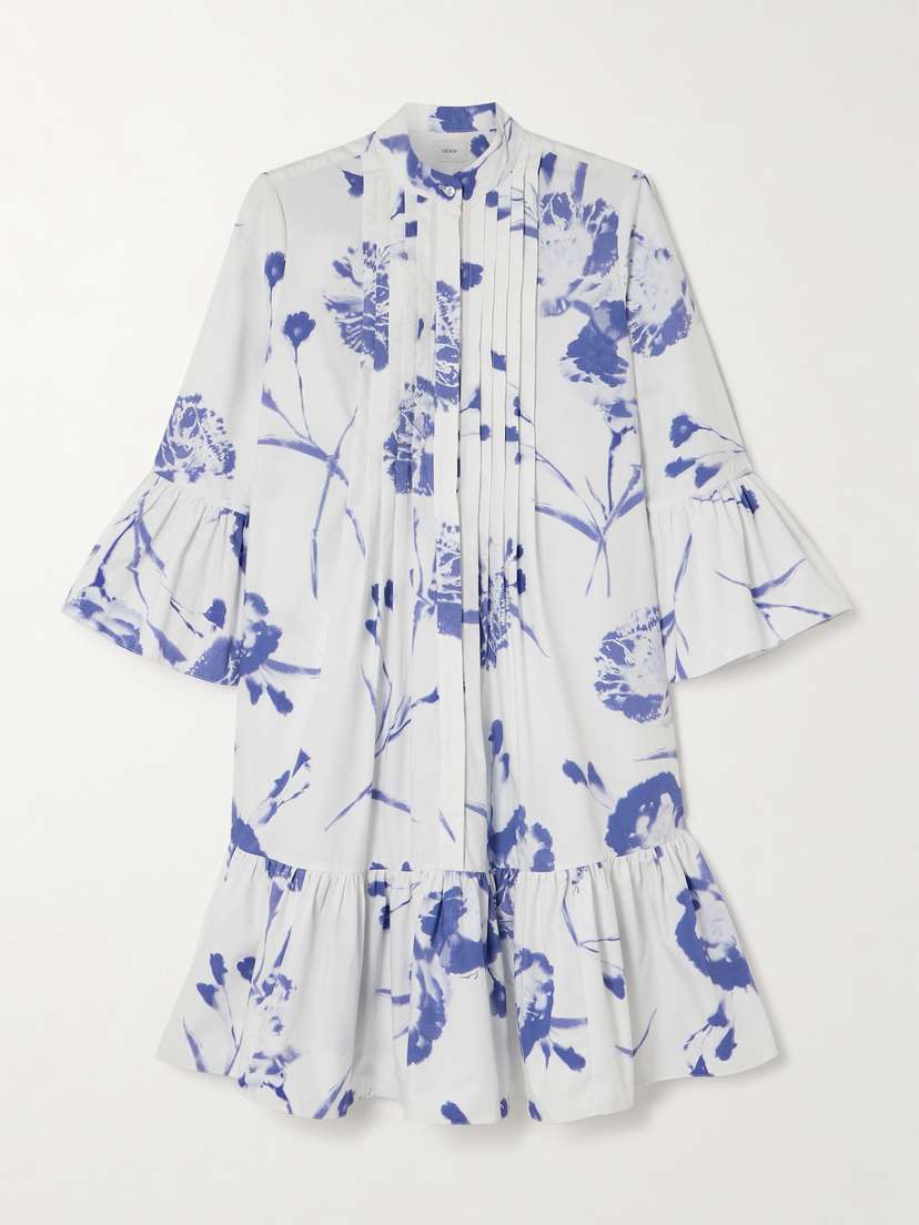 Erdem Tiered Pintucked Floral-print Organic Cotton-poplin Mini Shirt Dress