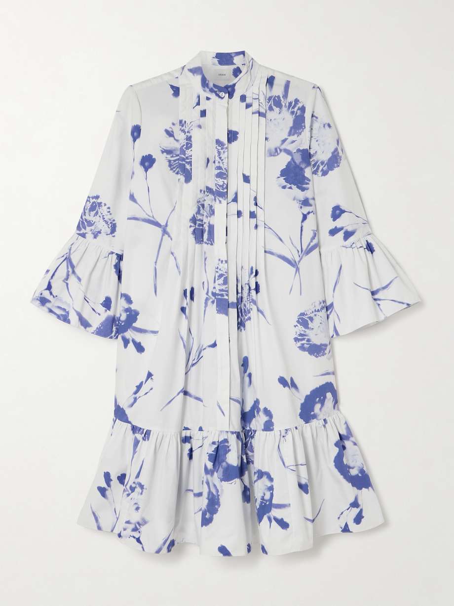 tiered pintucked floral-print organic cotton-poplin mini shirt dress