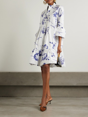 Erdem Tiered pintucked floral-print organic cotton-poplin mini shirt dress