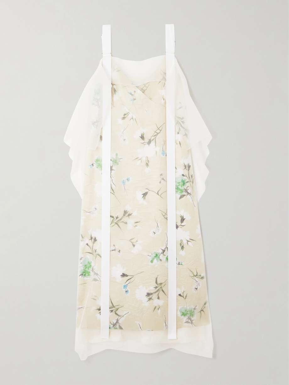 organza-trimmed floral-print satin-twill midi dress