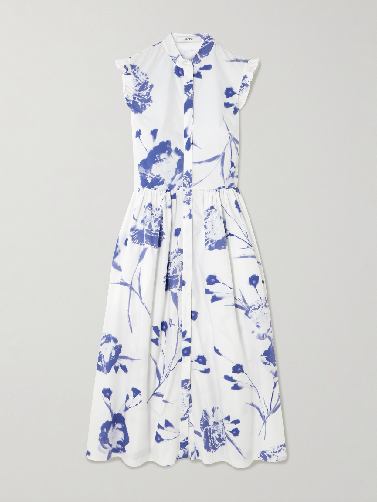 ERDEM GATHERED RUFFLED FLORAL-PRINT COTTON-POPLIN MIDI DRESS