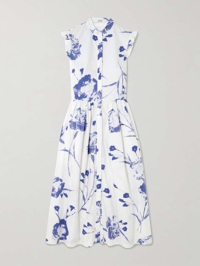 Erdem Gathered Ruffled Floral-print Cotton-poplin Midi Dress
