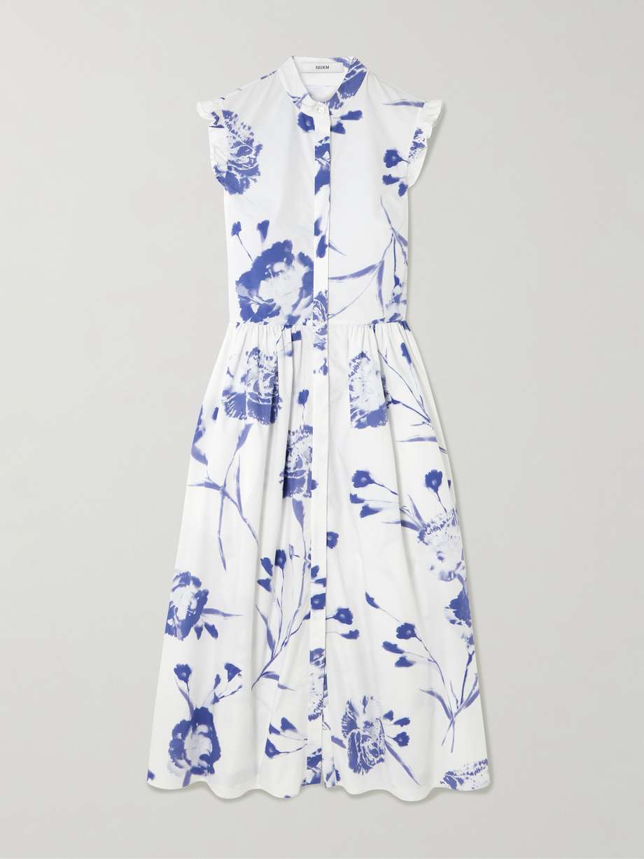 gathered ruffled floral-print cotton-poplin midi dress