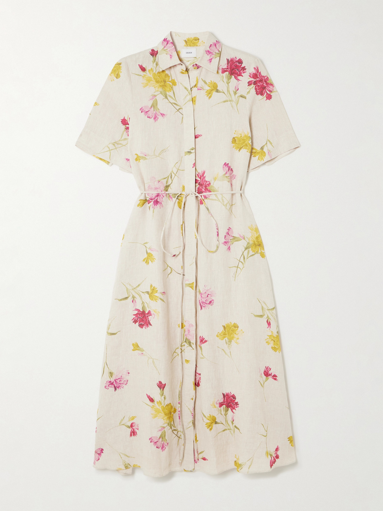 ERDEM BELTED FLORAL-PRINT LINEN MIDI SHIRT DRESS