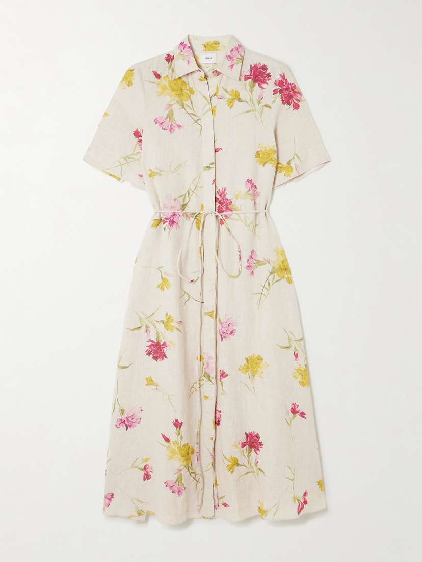 Erdem Belted Floral-print Linen Midi Shirt Dress