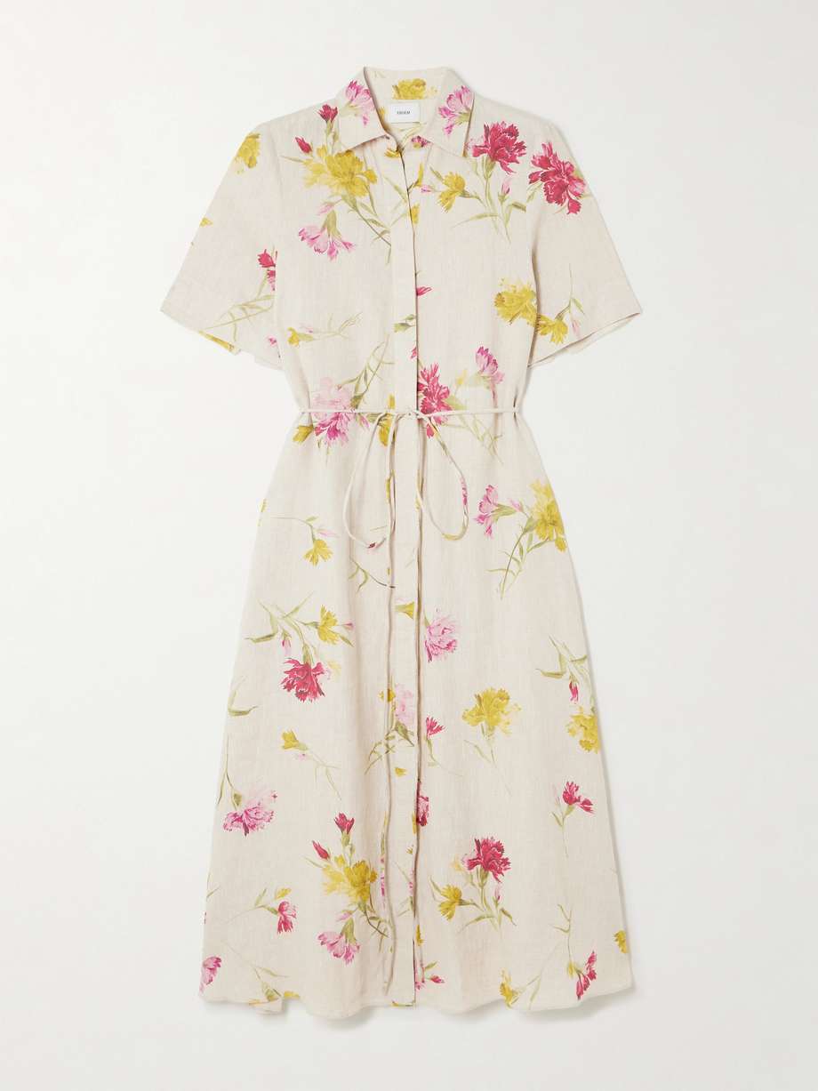 belted floral-print linen midi shirt dress