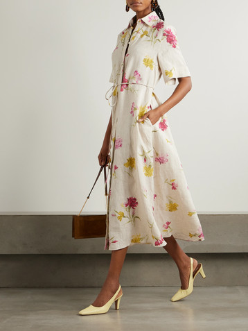 Erdem Belted floral-print linen midi shirt dress