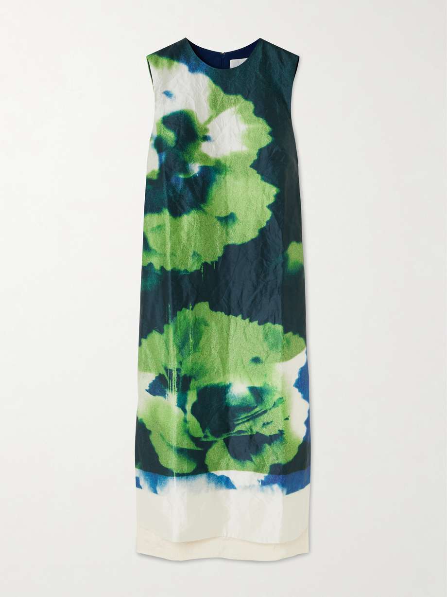 printed crinkled-satin midi dress