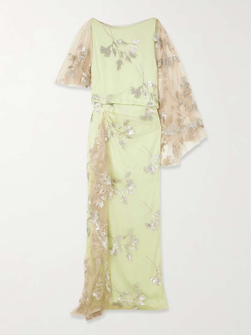 Erdem Draped Asymmetric Sequin-embellished Tulle And Satin-crepe Gown