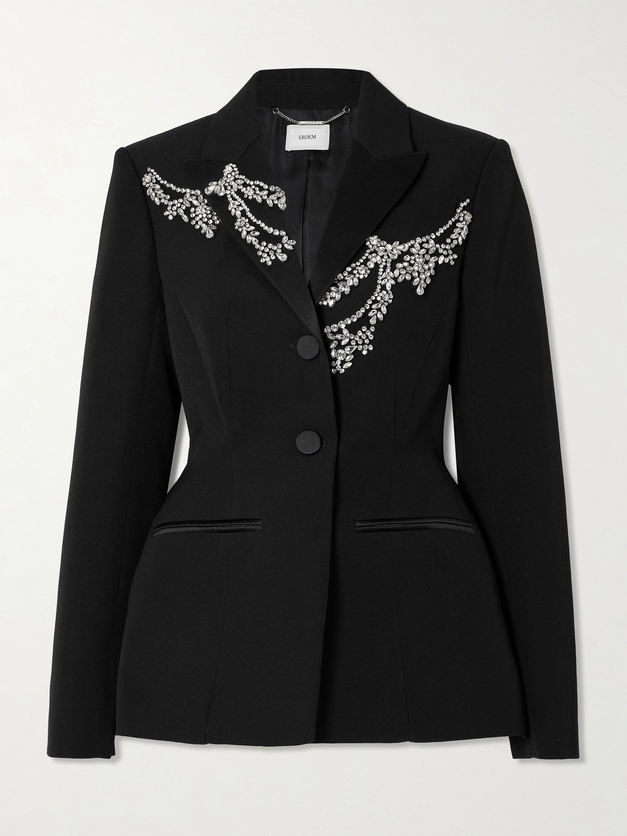 ERDEM CRYSTAL-EMBELLISHED SILK SATIN-TRIMMED GRAIN DE POUDRE WOOL BLAZER