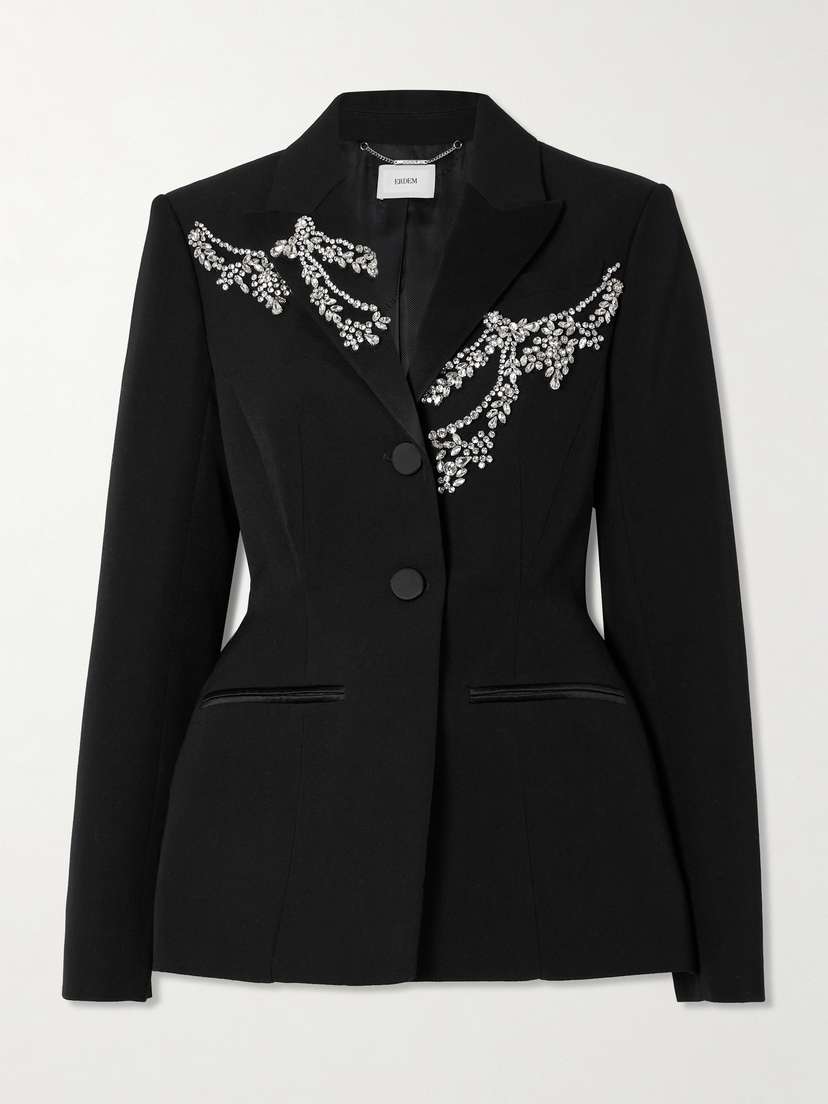 Erdem Crystal-embellished Silk Satin-trimmed Grain De Poudre Wool Blazer