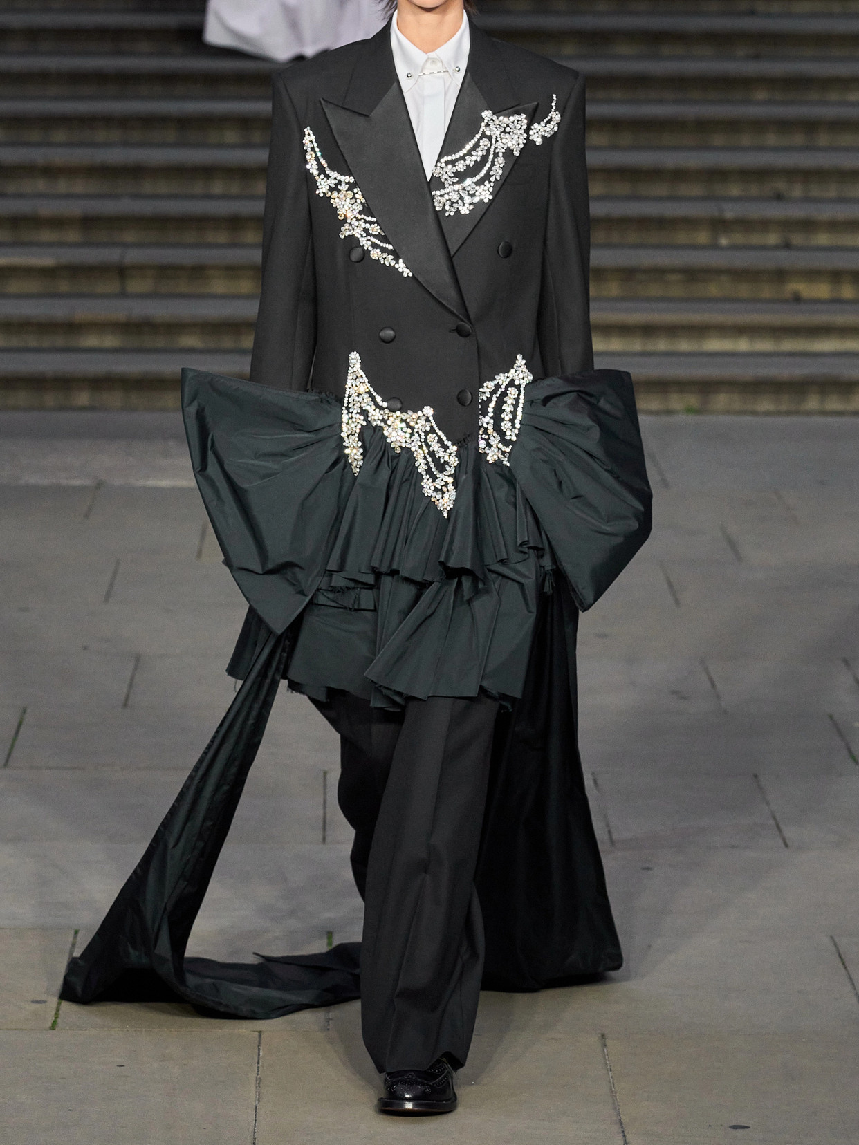 ERDEM CRYSTAL-EMBELLISHED SILK SATIN-TRIMMED GRAIN DE POUDRE WOOL BLAZER