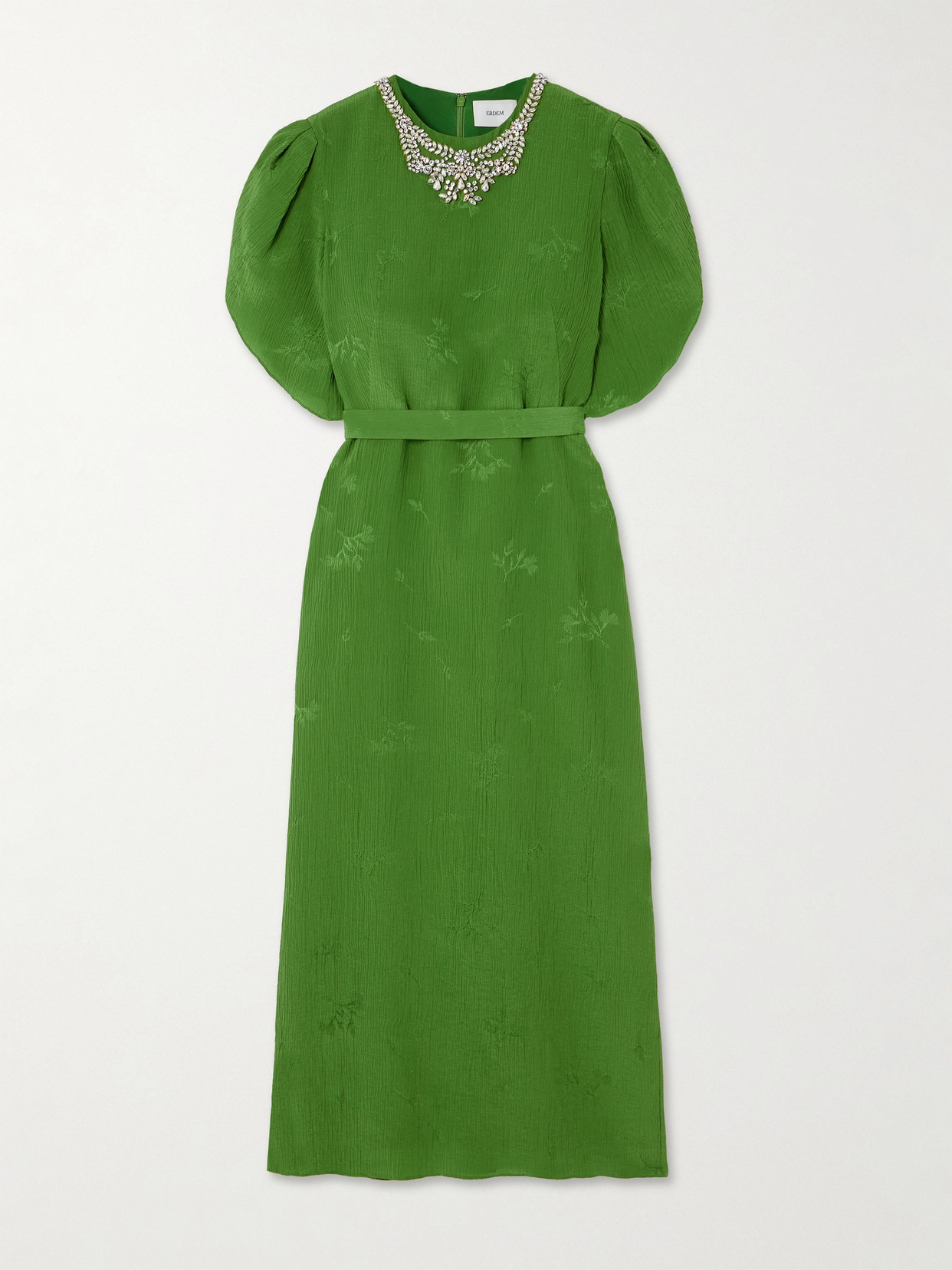 Erdem - Belted Embellished Crinkled Silk And Cotton-blend Jacquard Midi Dress - Leaf green