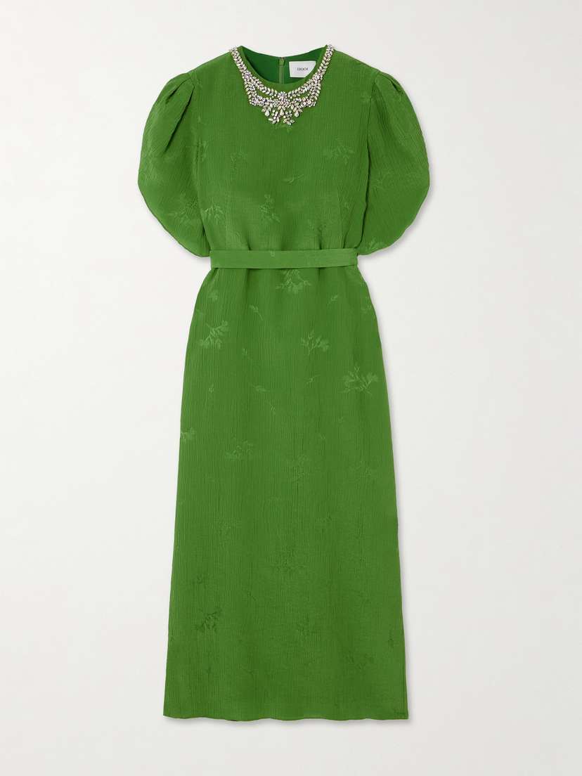 Erdem Belted Embellished Crinkled Silk And Cotton-blend Jacquard Midi Dress