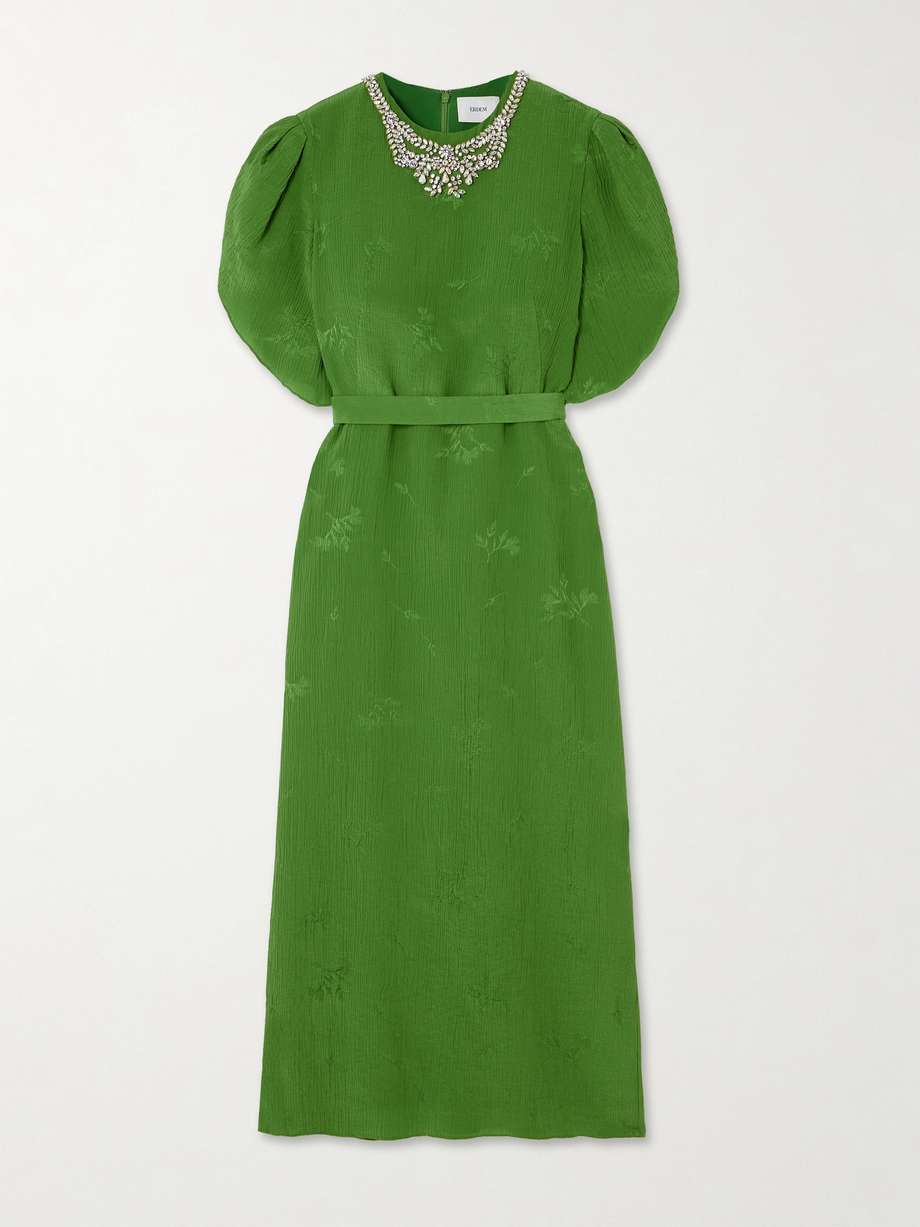 belted embellished crinkled silk and cotton-blend jacquard midi dress