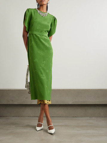 Erdem Belted embellished crinkled silk and cotton-blend jacquard midi dress