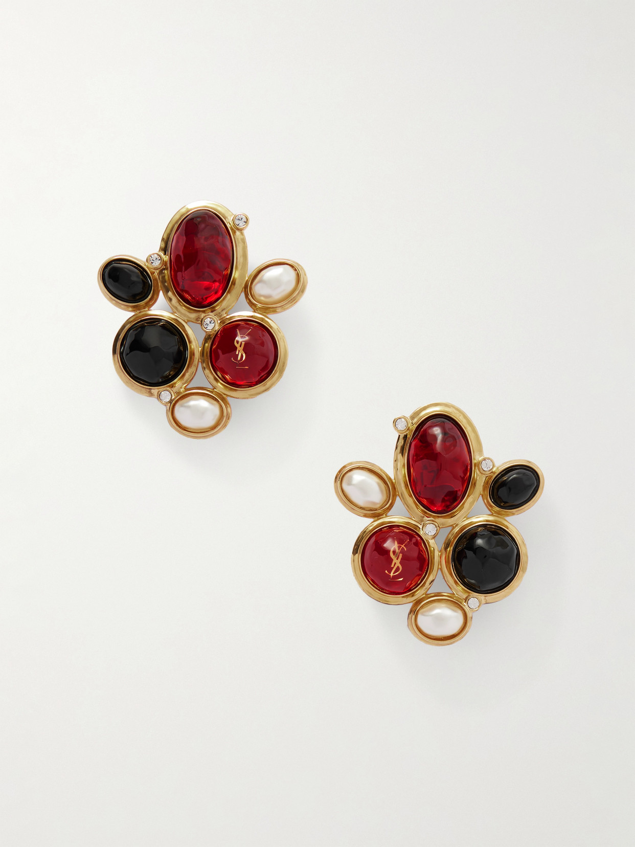 Saint Laurent Gold-tone, Resin, Faux Pearl And Crystal Clip Earrings