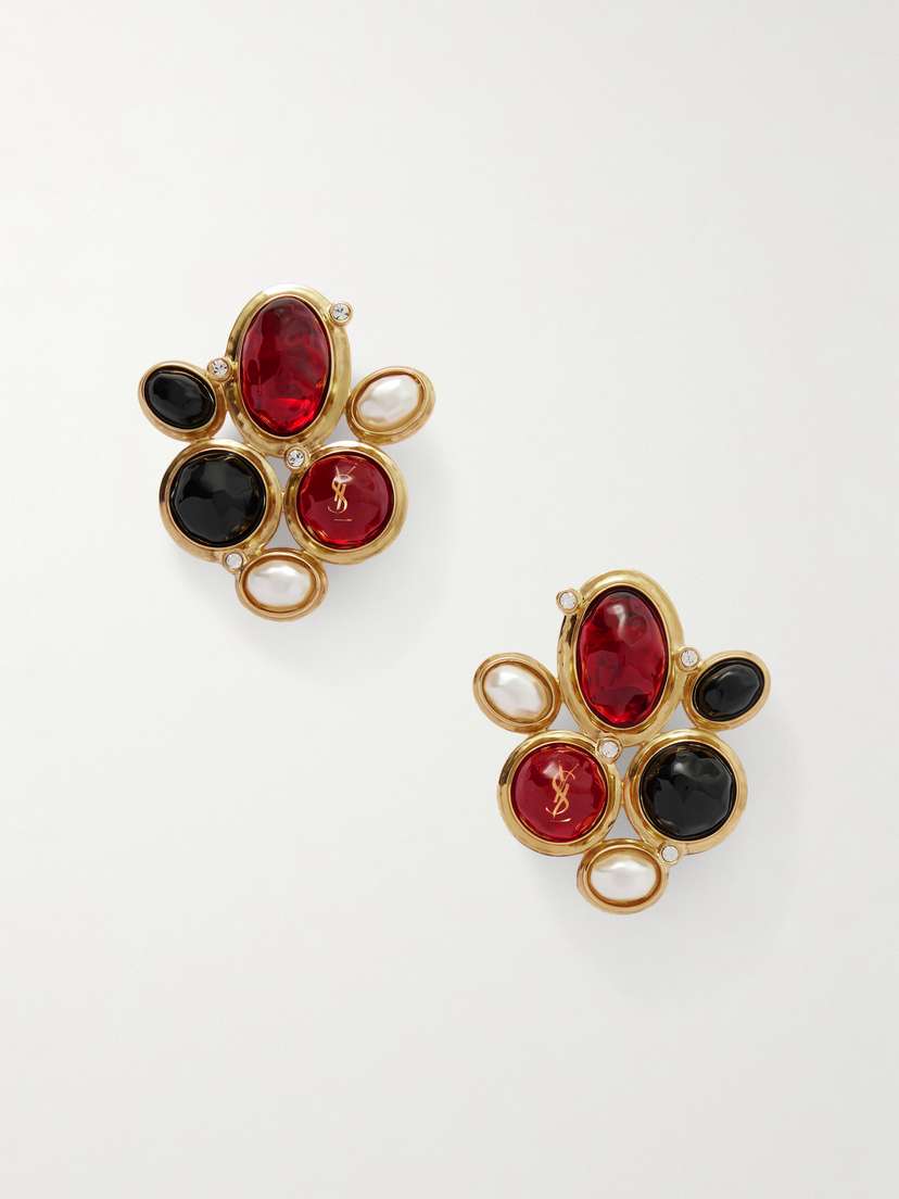 Saint Laurent tone, Resin, Faux Pearl And Crystal Clip Earrings