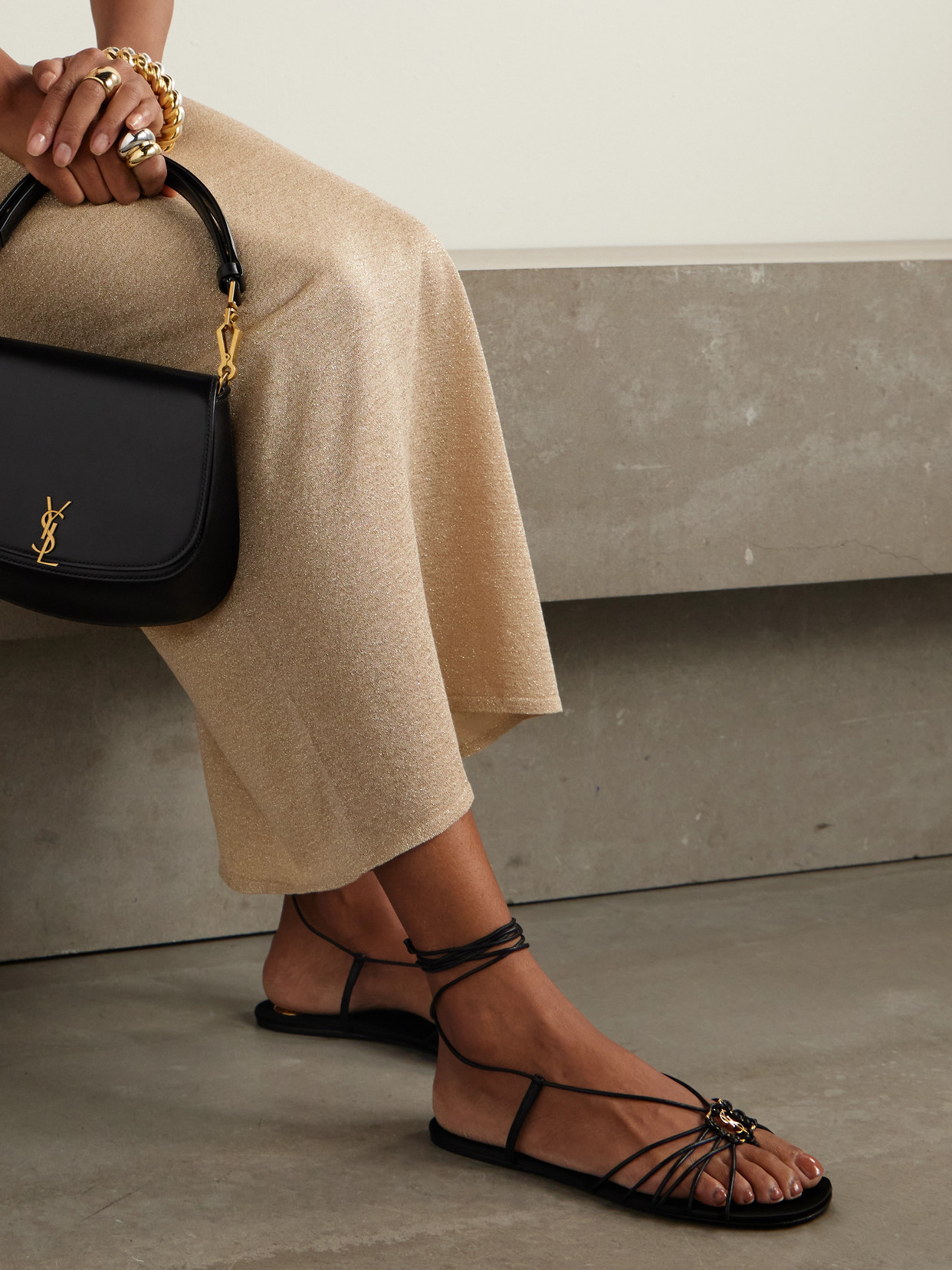 Saint Laurent Black Sandals With Cassandre Logo And Laces Around The Ankle In Leather Woman In Black