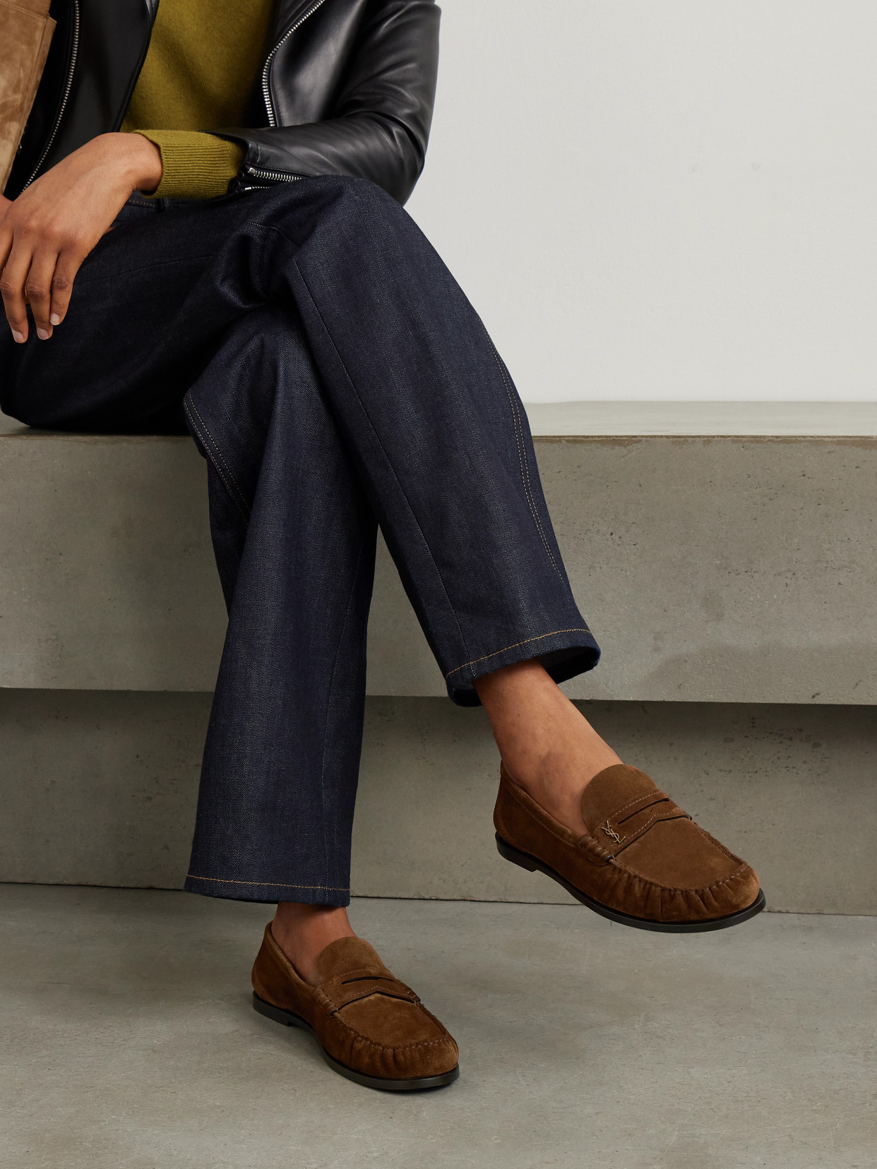 Saint Laurent Logo-embellished Suede Penny Loafers In Brown